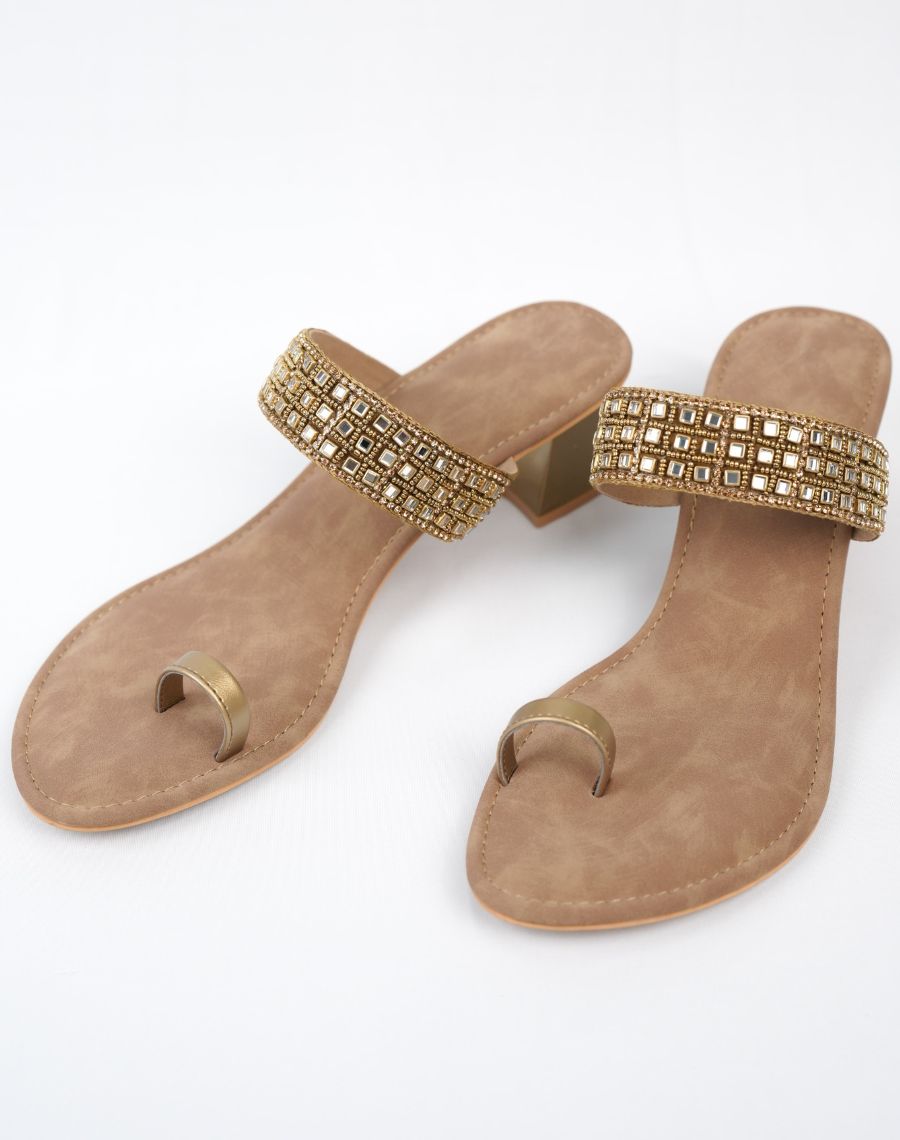 Mid Heel Sandal - Kundan Upper
