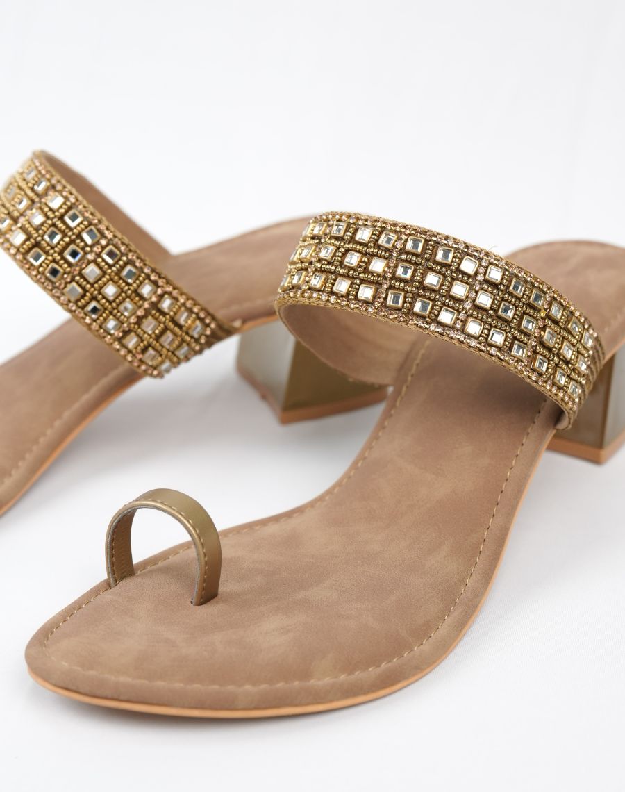 Mid Heel Sandal - Kundan Upper
